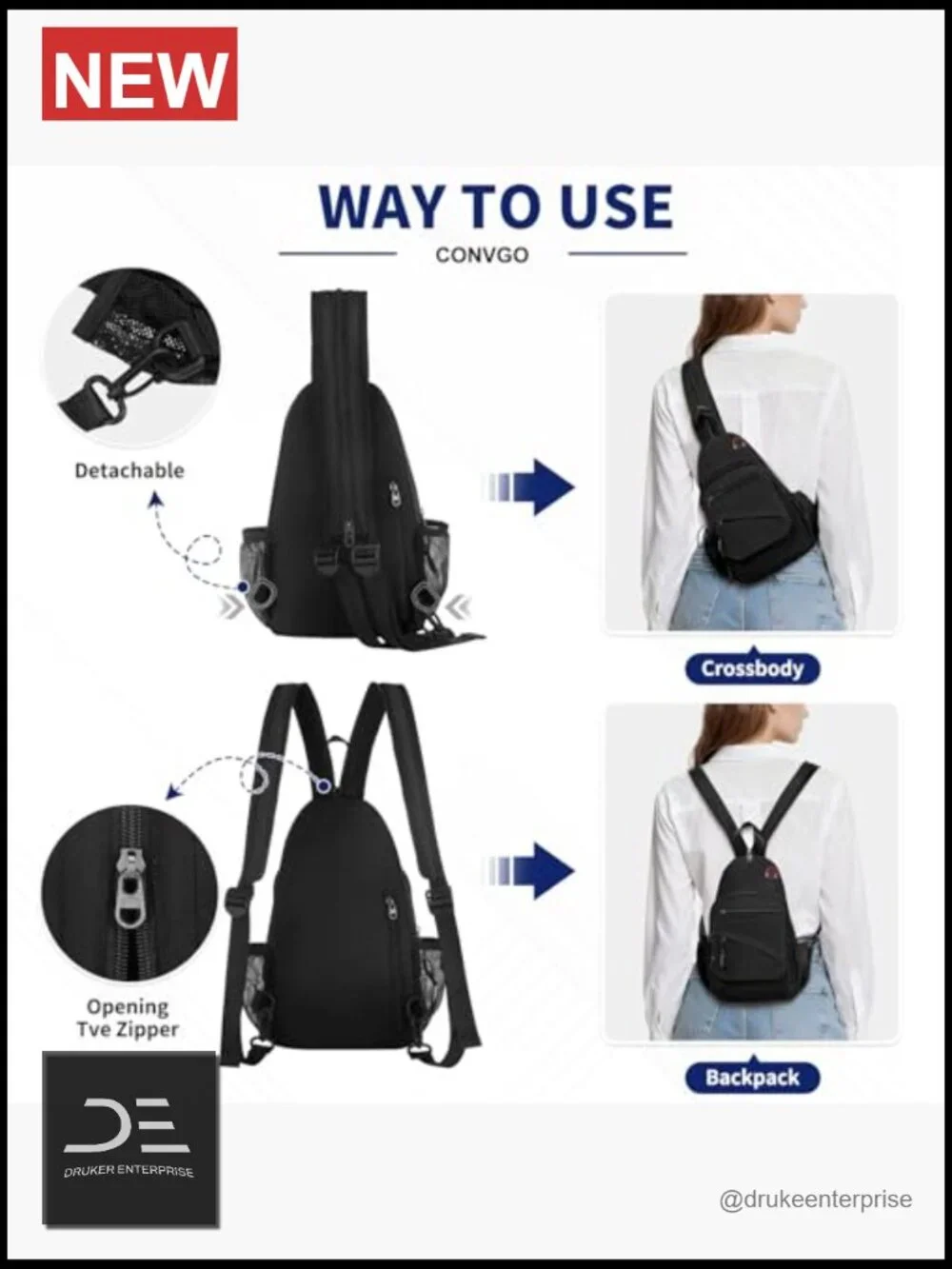 3-in-1 Convertible Sling Bag Anti-Theft Crossbody Backpack